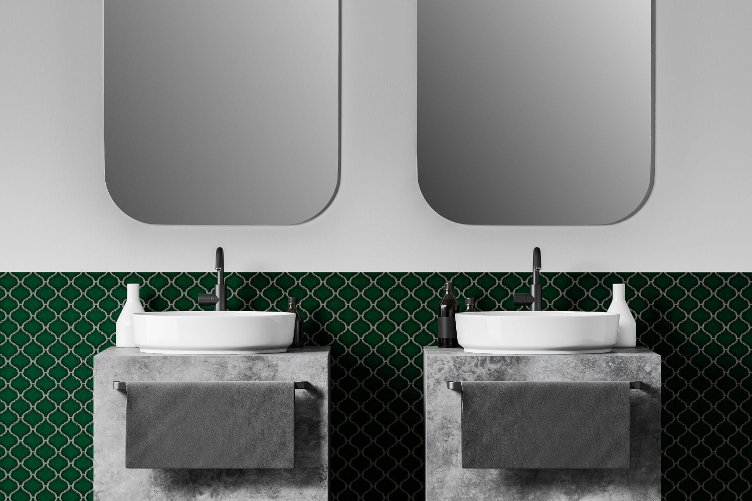 Double sink in white and green bathroom