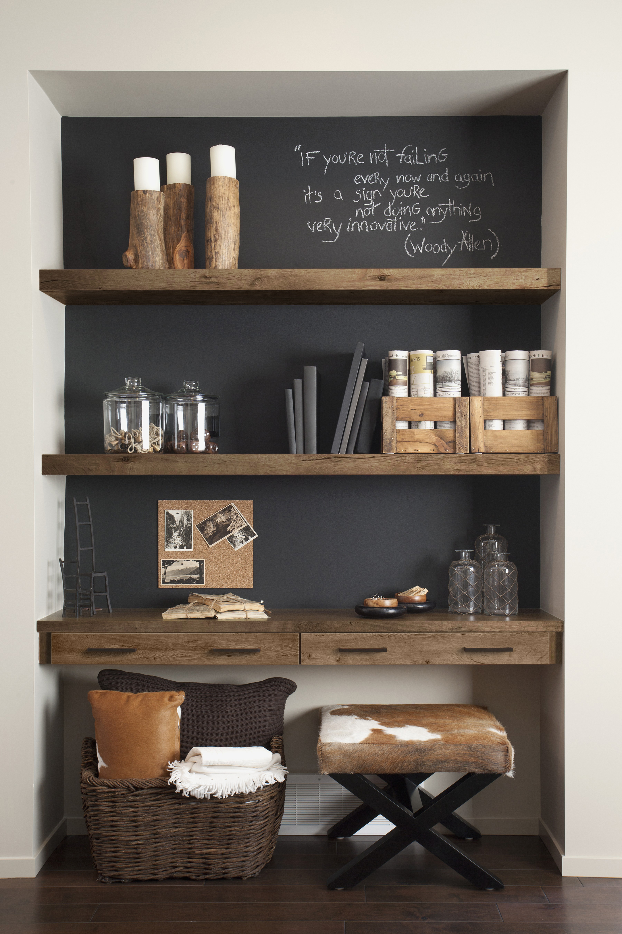 Objects on wooden shelves at home
