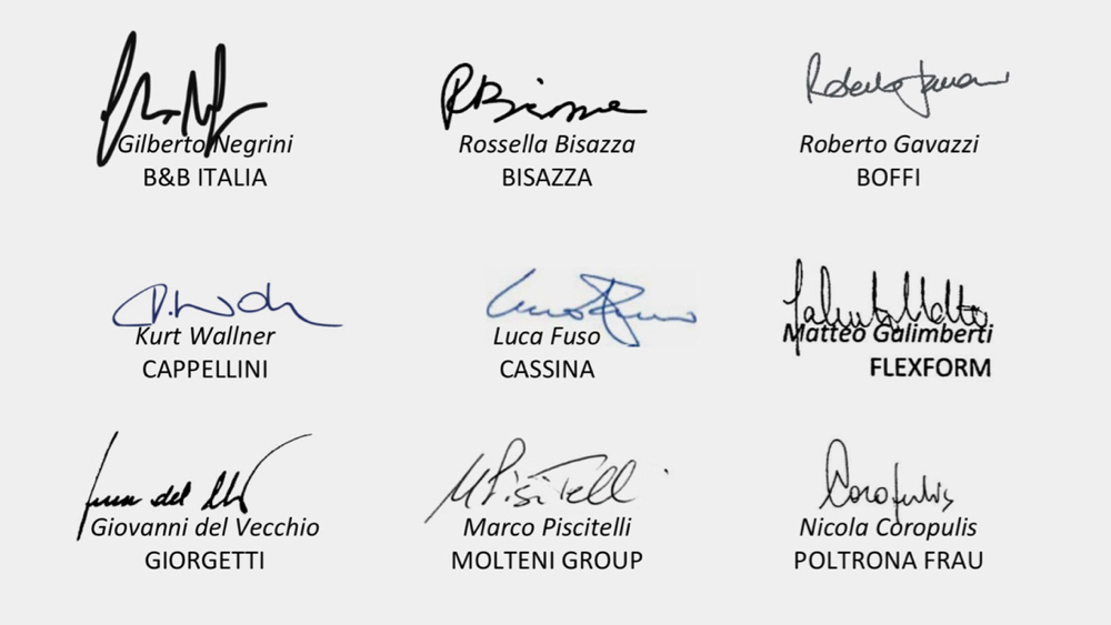  „Dziś głównym celem całego sektora jest zapewnienie wznowienia produkcji ” – czytamy w manifeście zatytułowanym „Design się nie poddaje”, który podpisało dziewięć wiodących włoskich marek meblowych: B&B Italia, Cappellini, Cassina, Flexform, Giorgetti, Molteni Group i Poltrona Frau, a także firma Bisazza produkująca mozaiki oraz producent kuchni Boffi.
