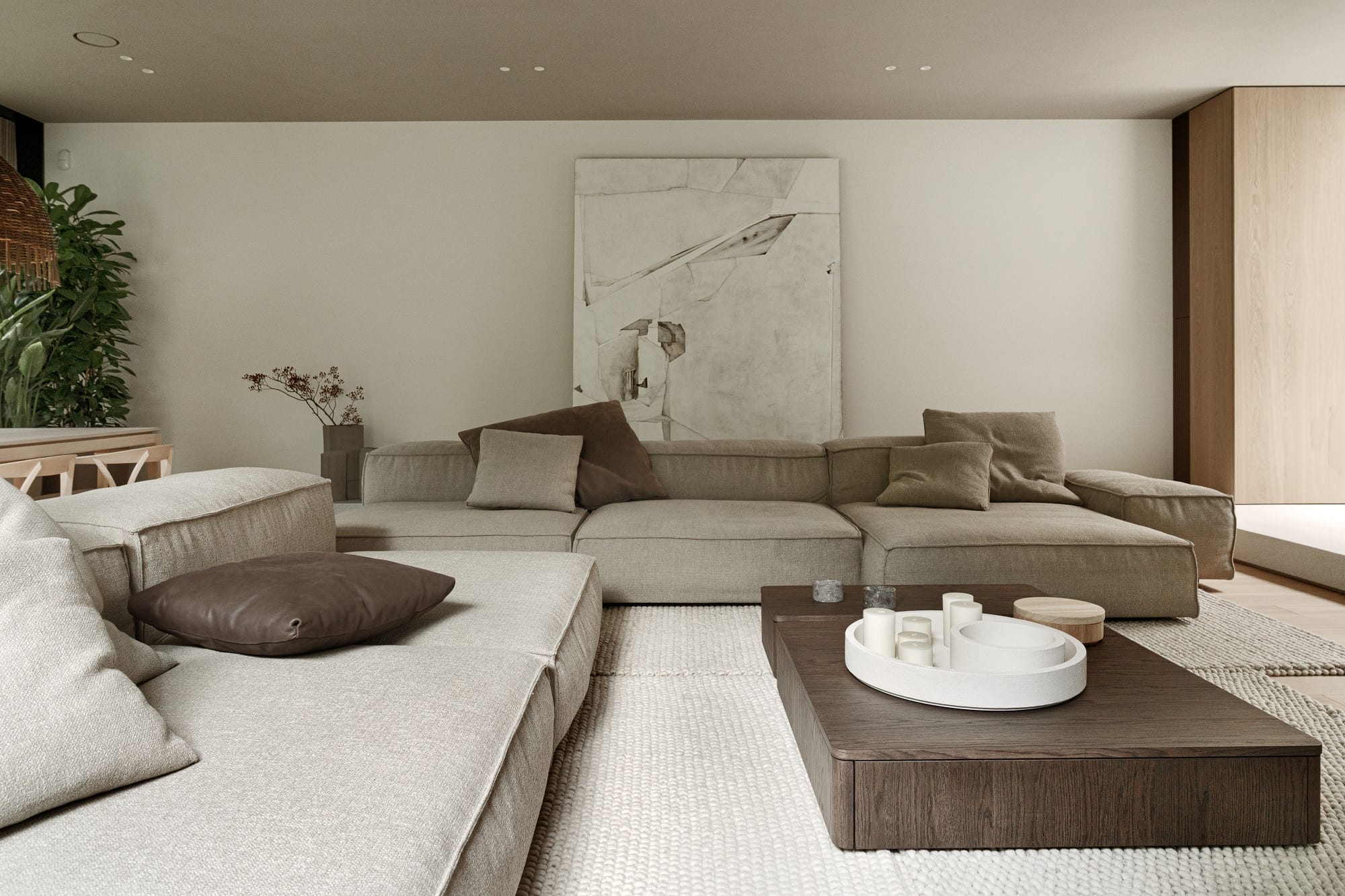 Minimalistyczna strefa dzienna domu w lesie – pracownia PL.architekci