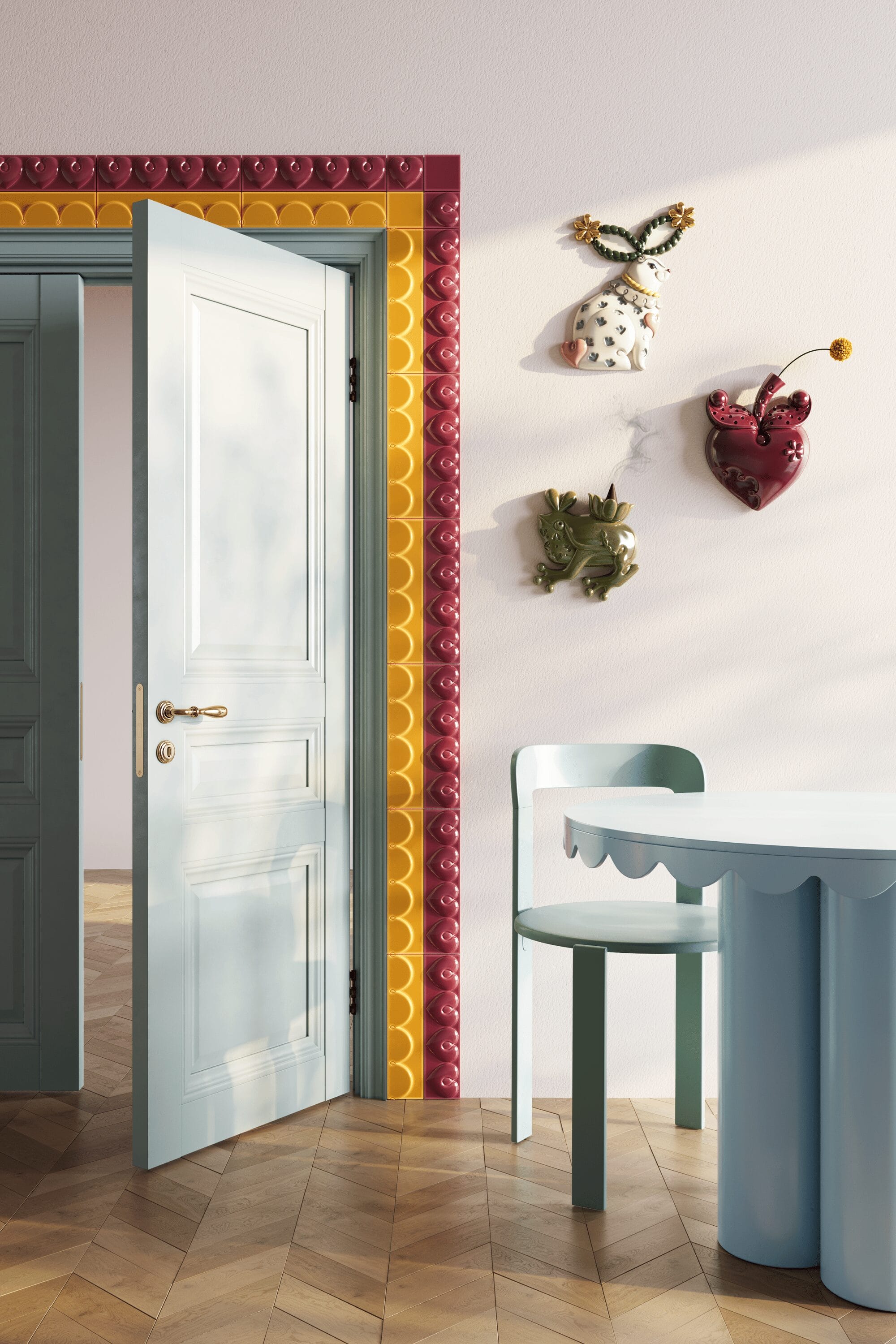 Kolorowe ceramiczne kafle Królik zaprojektowane przez Aleksandrę Żeromską dla Kaflarni Karny