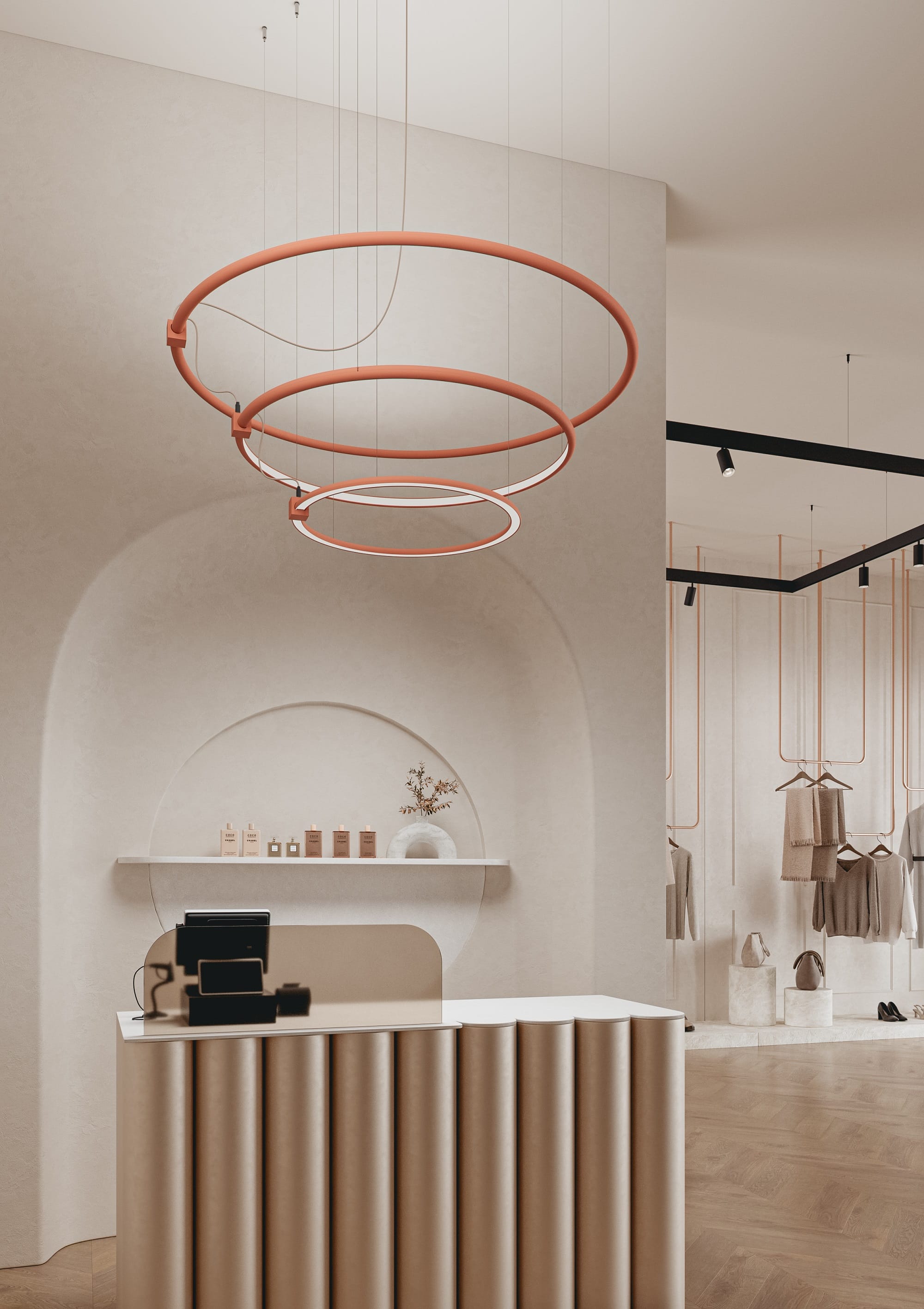 Kompozycja BUCLO chain z pierścieniami LED w przestronnym wnętrzu – oświetlenie warstwowe AQForm 2026–2027